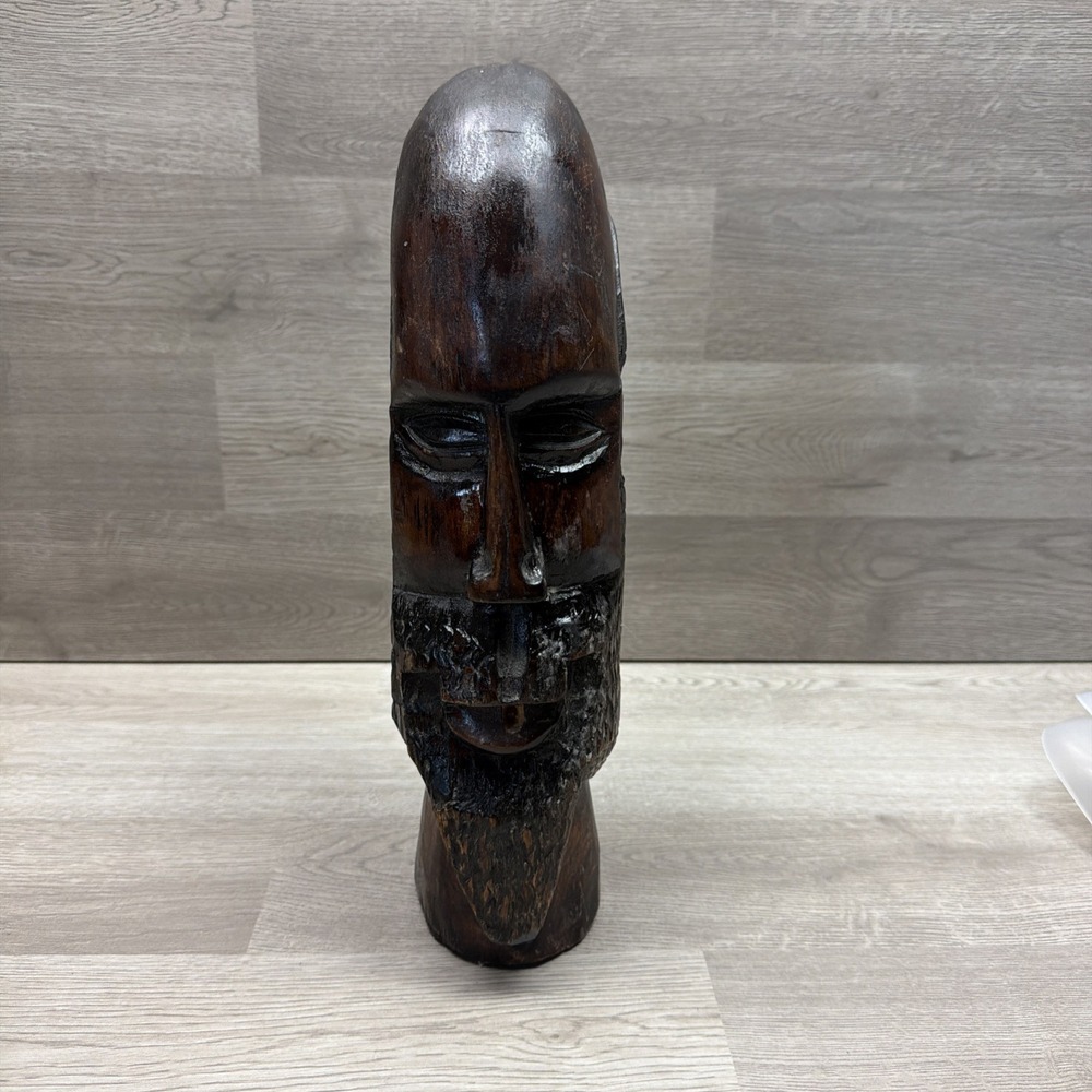 VTG Hand Carved Wooden Face African Jamaican Beard Island Head 13.5" Tribal